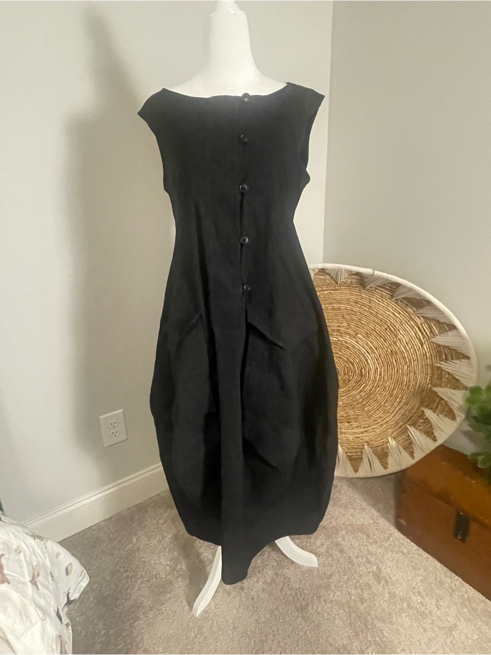 Sophisticated Black Cap-Sleeve Button-Front Midi Dress